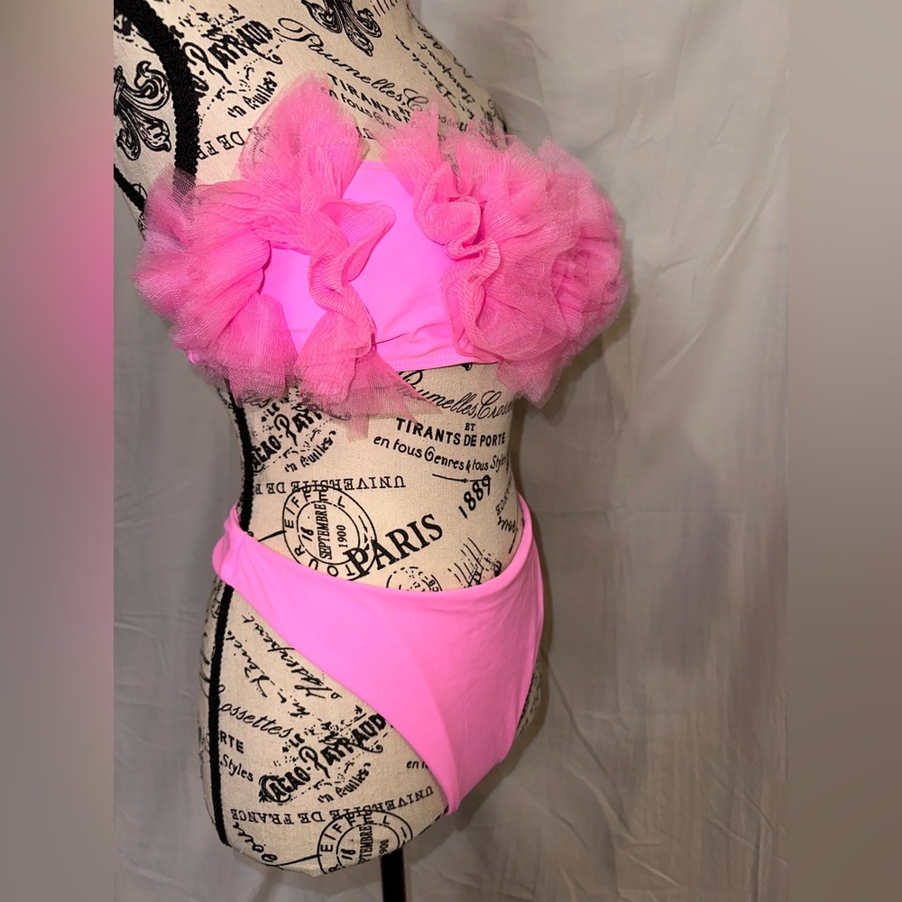 High-Waisted Fluffy Pink Bikini Set